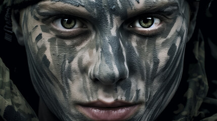 Close up of a Camouflage painted face.