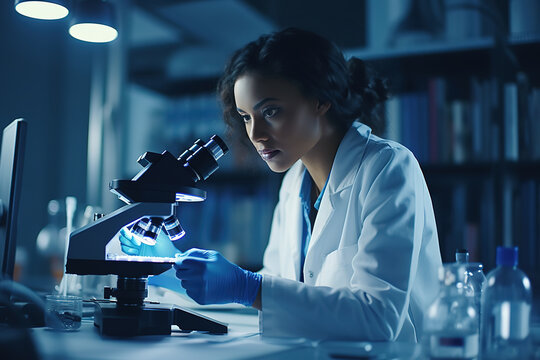 Beautiful black scientist woman looking under microscope , doing analysis of test sample. Young female African American biotechnology specialist, working with advanced equipment at laboratory.