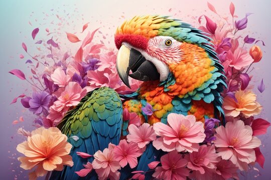 A detailed illustration of a print of a colorful parrot in flowers. ai generative