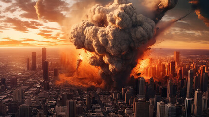Explosion in a city with tall buildings in war.