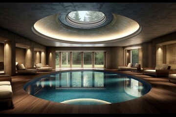 A pool in the basement or underground of a house. The pool would be done in concreteand room will have wood acents. The ceiling of the room has a circle where light comes thorugh.