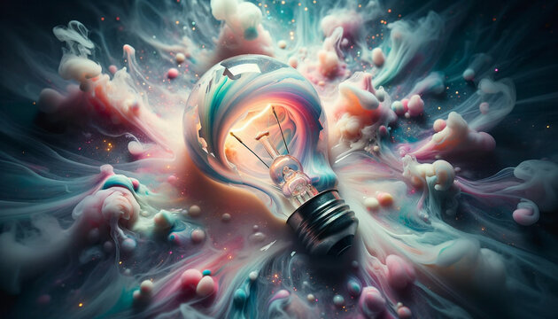 a light bulb in the center of a colorful explosion of smoke and bubbles. The light bulb is a traditional incandescent bulb with a silver base and a clear glass envelope