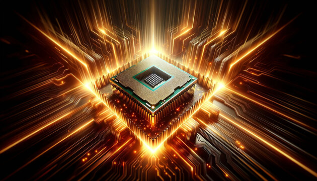  a computer chip with orange and yellow light streaks emanating from it. The chip is square in shape and has a black and gold color scheme.