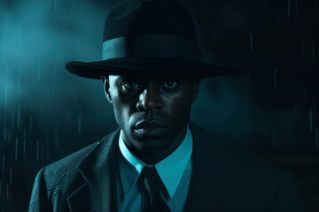 Portrait of a black gangster in a raincoat and hat.