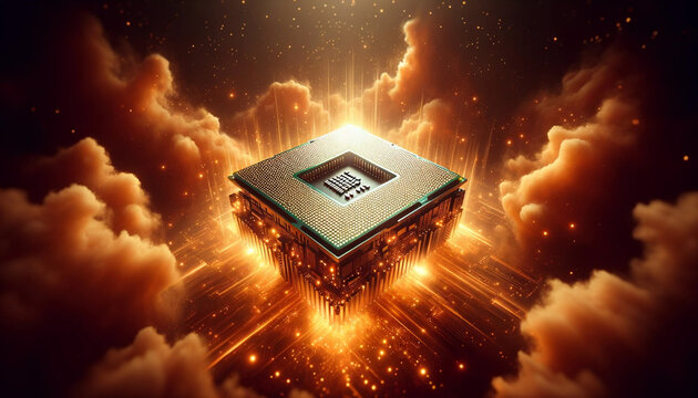  a computer chip floating in a fiery orange and red space. The chip is square in shape with a black and silver surface.