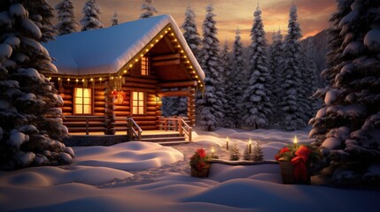 Fototapeta premium A cabin in the snow with a lit christmas tree. Ideal for marketing winter getaway destinations and accommodations. 