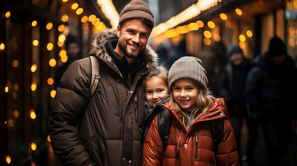 Fototapeta premium Single parent family. Father and daughters walk through the Christmas market. Festive mood. Together for gifts. Close-up. Generative AI