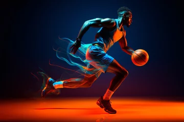 Foto auf Acrylglas Athletic prowess: Witness an African-American basketball player in dynamic motion, training against a neon-lit background. © ckybe