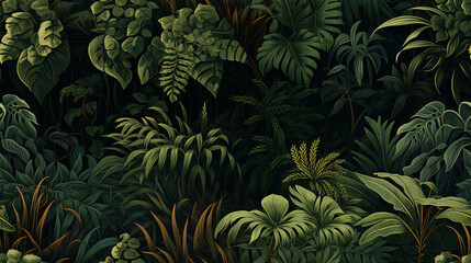 Create an immersive jungle ambiance with seamless wallpaper depicting towering trees and vibrant tropical flora..