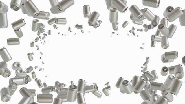Aluminum cans form a frame on a white background. A lot of aluminum cans in motion on a white background form of a frame. 4K seamless looping videos