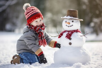 Fototapeta na wymiar Little boy kneeling playing with a snow man