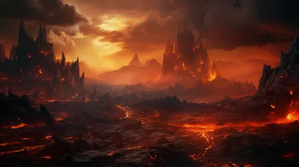 Foto op Plexiglas Muspelheim Realm of the Fire With Volcano and Magma Of The Fantasy Norse Mythology And Viking Mythology. Nordic Mythology Landscape. Generative AI © Immersive Dimension