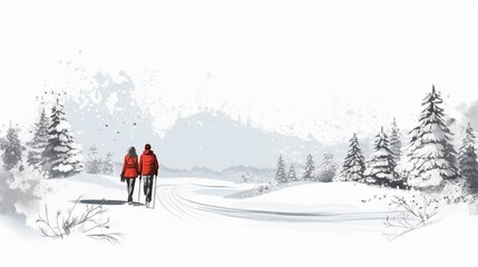 copy space, hand drawn vector illustration, couple walking in the show on snowshoes. Illustration for publicity on a ski resort. Copy space available. Winter sports theme. Couple walking in a winter l