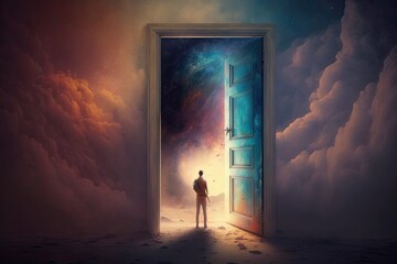 Man standing in front of opened door with surreal sky and clouds concept