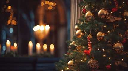 A beautifully decorated Christmas tree with glowing candles in the background. Ideal for companies offering holiday decorations and services for organizing Christmas events.