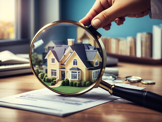 Choice of real estate to buy and invest in. House searching concept with magnifying glass. Hunt for new house or home real estate loan, mortgage and investments concept