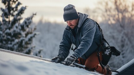 A man repairing a broken system on the roof. Useful for roofing and renovation services. - obrazy, fototapety, plakaty