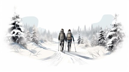 copy space, hand drawn vector illustration, couple walking in the show on snowshoes. Illustration for publicity on a ski resort. Copy space available. Winter sports theme. Couple walking in a winter l