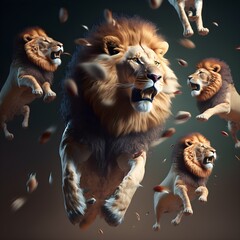 photorealism of a happy whacky silly absurd nutty Lions jumping around a lot of lions style by Vogue elegant dramatic scene volumetric lighting 32K 50 megapixels super resolution very sharp octane  - obrazy, fototapety, plakaty