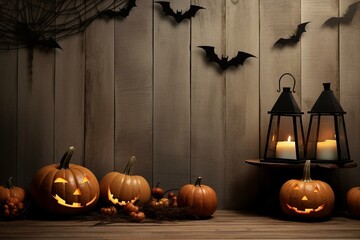 Spooky halloween setup featuring bats, pumpkins, and ample copy space. Generative AI