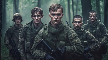 Group of young soldiers in military uniform standing in a forest. - obrazy, fototapety, plakaty