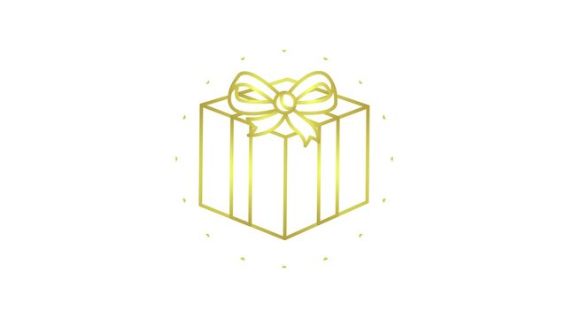Animated icon of golden gift with rays around. Symbol of present. Linear vector illustration isolated on the white background.