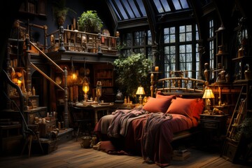 bedroom with red colors, a four - poster bed, and floating candles