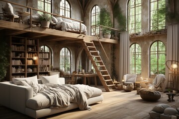 Scandinavian loft bedroom with a mezzanine bed, exposed brick walls, and modern furnishings