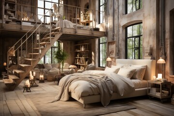 Scandinavian loft bedroom with a mezzanine bed, exposed brick walls, and modern furnishings - obrazy, fototapety, plakaty