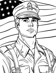 USA Memorial Day Veteran's Army Illustration Coloring Page Featuring Soldier in Uniform with United States Flag for Educational Patriotic Coloring Activity