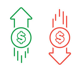 Dollar up and down icons isolated on a white background. 