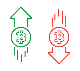 Bitcoin up and down icons isolated on a white background.