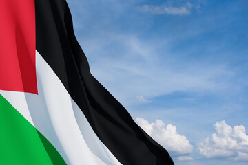 Palestine flag on background of blue sky. Patriotic concept. Banner with place for text.