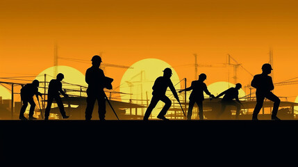Construction workers in silhouette with safety gear, flat vector