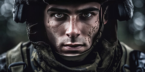 Portrait of a European army soldier in the ranks with selective focus, human enhanced. - obrazy, fototapety, plakaty