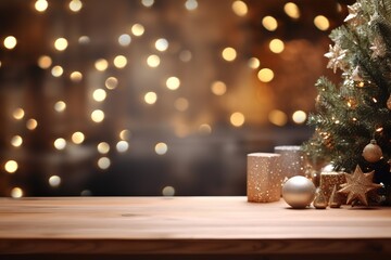 Fototapeta na wymiar Empty wooden table with Christmas tree in background, perfect for showcasing your products or designs.