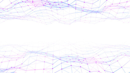 Double abstract technology wave with dots and lines. Flow of particles. Big data transfer visualization. Vector illustration.
