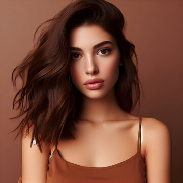 Portrait of an Italian Woman, natural look and makeup, clothes and background in copper