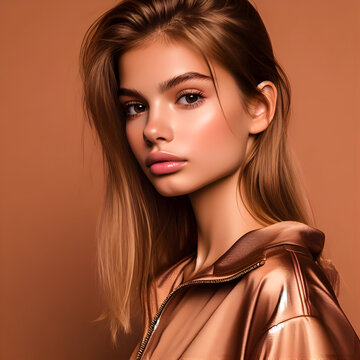 Portrait of an Italian Woman, natural look and makeup, clothes and background in copper

