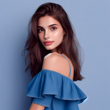 Portrait of an Argentinian Woman, natural look and makeup, clothes and background in indigo

