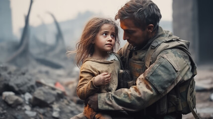 Soldier comforts sad child refugee amid war's destruction. - Powered by Adobe