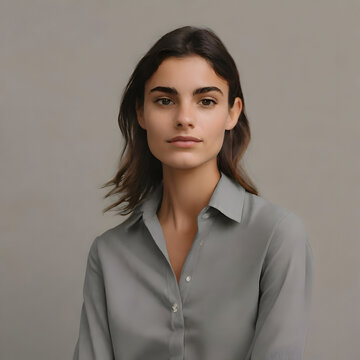 Portrait of a Spanish Woman, natural look, clothes and background in oxford gray

