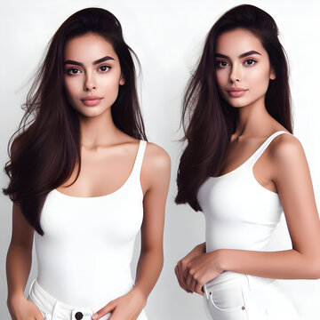 Portrait of a Mexican Twins, natural look, clothes and background in shiny white

