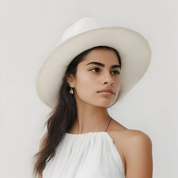 Portrait of a Mexican Woman with Hat, natural look, clothes and background in ivory white
