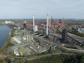 Aerial drone view of The Schwelgern coking plant in Duisburg is one of the largest coking plants in the world.