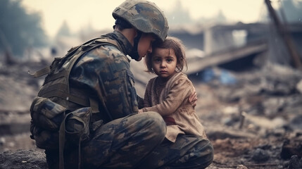 Soldier comforts sad child refugee amid war's destruction.