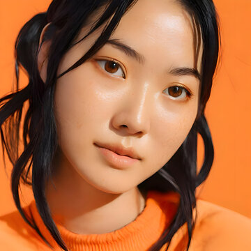 Portrait of a Japanese Woman, natural look, clothes and background in coral
