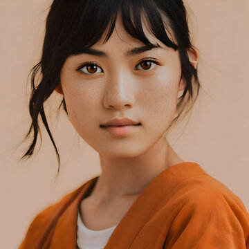 Portrait of a Japanese Woman, natural look, clothes and background in coral
