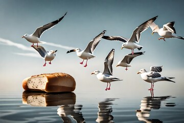 A group of seagulls squabbling over a piece of bread. - obrazy, fototapety, plakaty