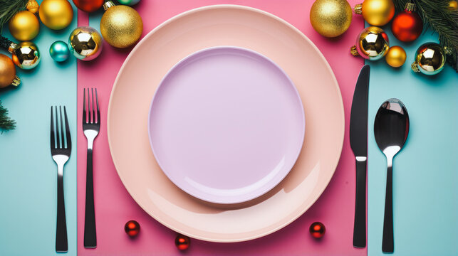 A dining set with silverware photographed from above adorned with New Year's motifs, in the style of a festive atmosphere with cheerful, bold, and vibrant colors.